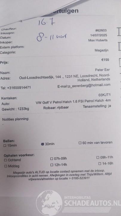 Volkswagen Golf Golf V (1K1) Hatchback 1.6 FSI 16V (BLP) [85kW]  (10-2003/07-2008)